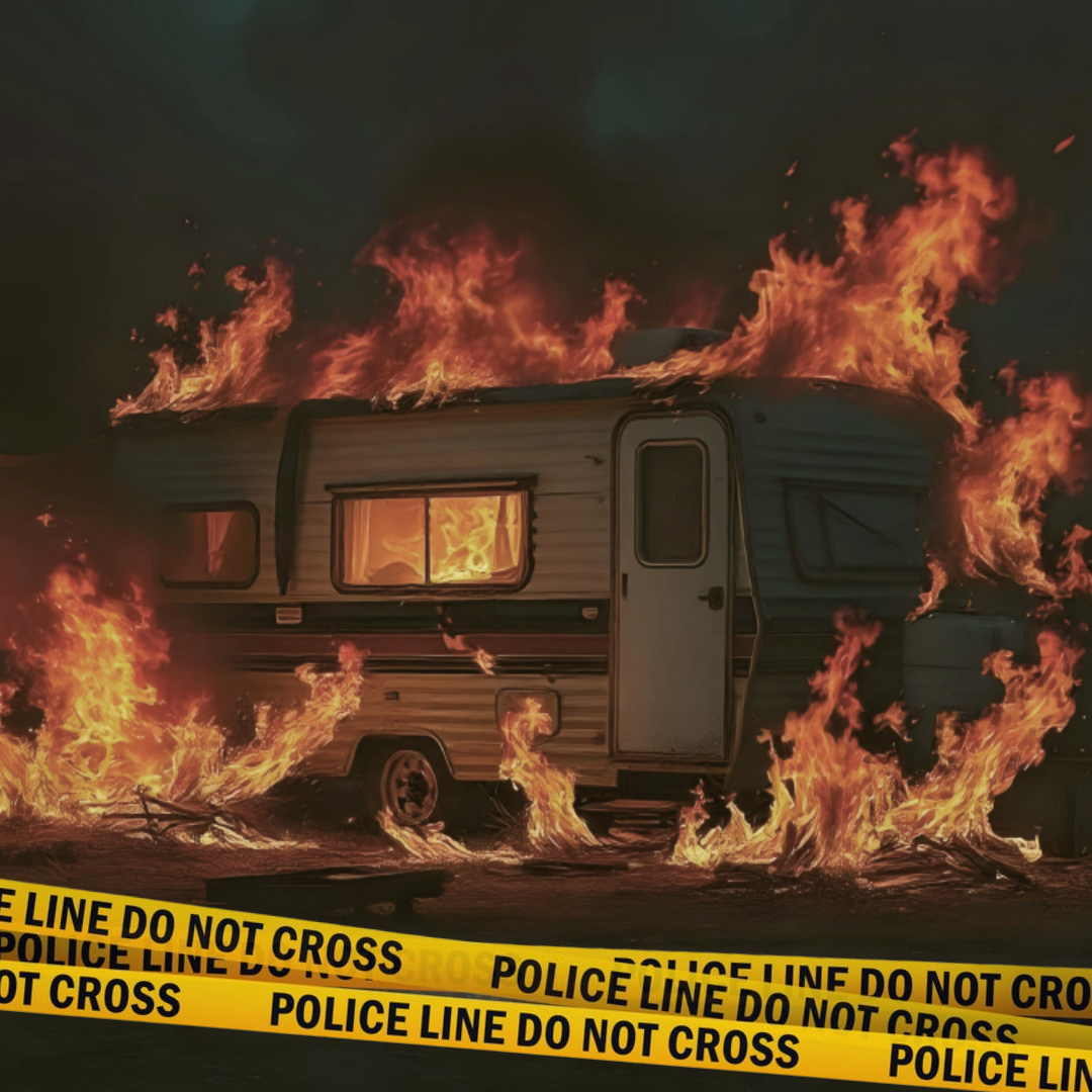 Alex Wolfe Mysteries by Alison Naomi Holt, strong woman detective investigates blazing trailer engulfed in flames behind police tape at dark crime scene
