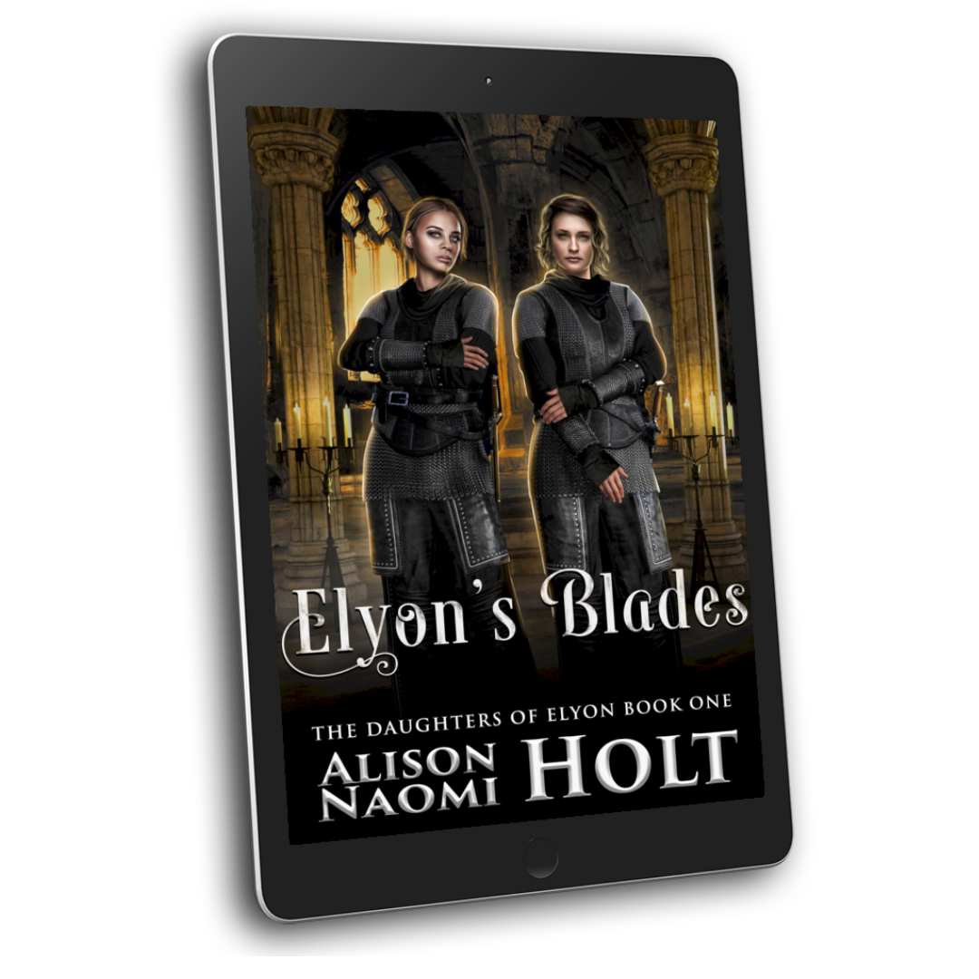 Cover of Sapphic Epic Fantasy Elyon's Blades has a yellow interior cathedral with two warrior women in the foreground wearing swords and wearing black uniforms