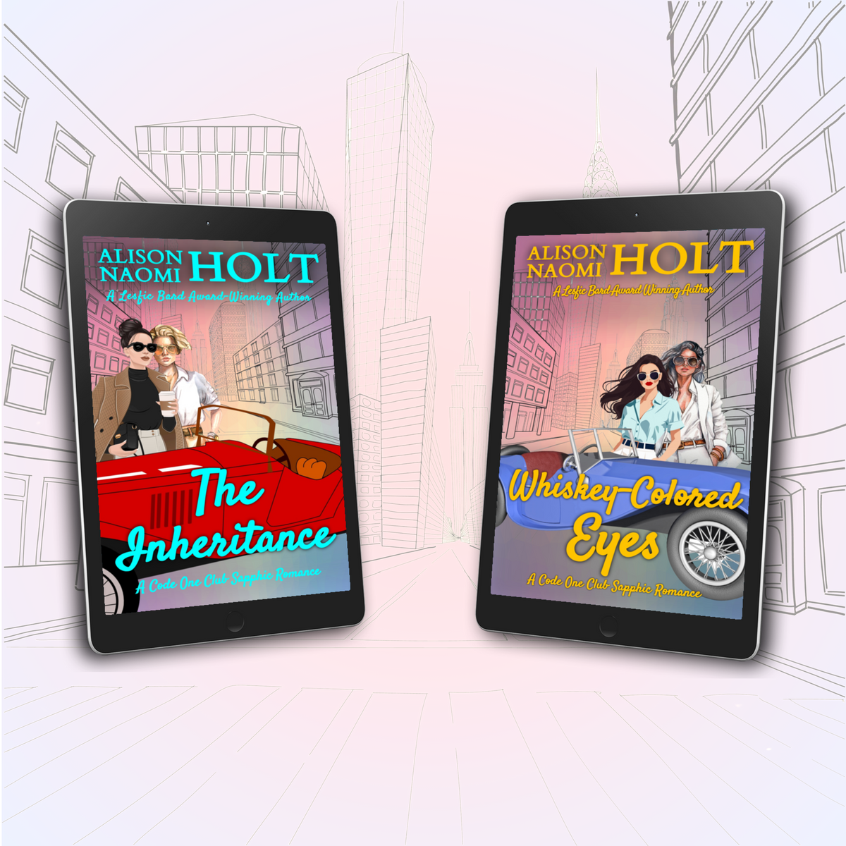 Two iPads displaying Code One Club sapphic romance by Alison Naomi Holt, strong women with vintage cars in The Inheritance and Whiskey-Colored Eyes