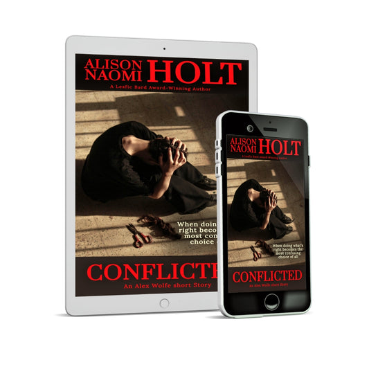 An ipad and iphone with the cover of the short story Conflicted with a protester sitting with her head in her hands