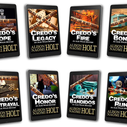 Eight tablets displaying Alex Wolfe Mysteries collection by Alison Naomi Holt, strong woman detective solves murder mystery cases behind police tape