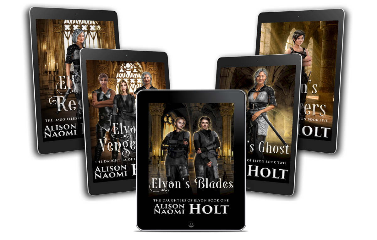 Five tablets displaying Daughters of Elyon sapphic epic fantasy by Alison Naomi Holt, strong women elite warriors bound by faith and duty to Goddess Elyon