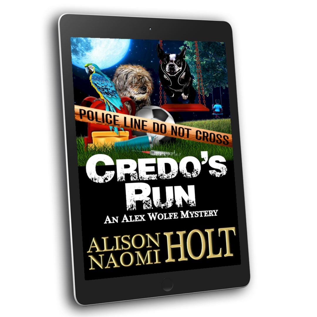 An Ipad with the cover of Credo's Run, a novel in the Alex Wolfe Mystery series written by Sapphic fiction author Alison Naomi Holt featuring a two dogs and a parrot on a playground with a police do not cross tape across the picture