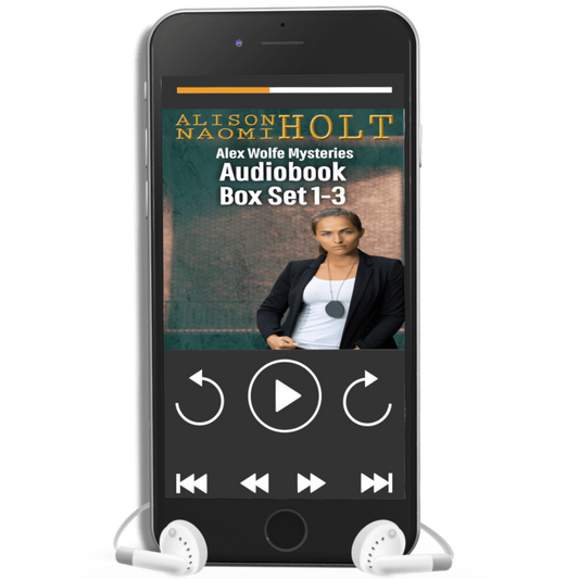 Cover for the box set of the first three audiobooks in the Alex Wolfe Mystery Series. Name of sapphic author, Alison Naomi Holt with the picture of a woman detective leaning against a wall. There are ear buds wrapped around the iphone.