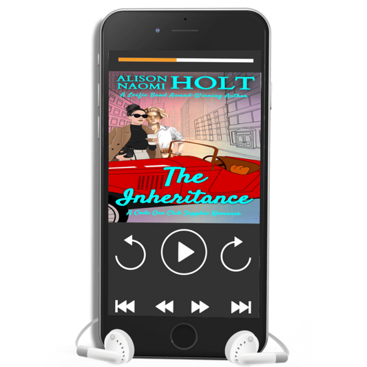 Phone displaying a book cover of 'The Inheritance' by Alison Naomi Holt on a white background