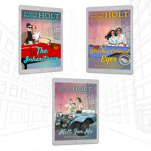 Three iPads displaying Code One Club sapphic romance collection by Alison Naomi Holt, strong women find love in The Inheritance, Whiskey-Colored Eyes, Melt For Me