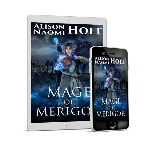 cover of Young Adult fantasy fiction novel, Mage of Merigor by Sapphic fiction author Alison Naomi Holt with a young mage working a blue spell on an open book he is holding