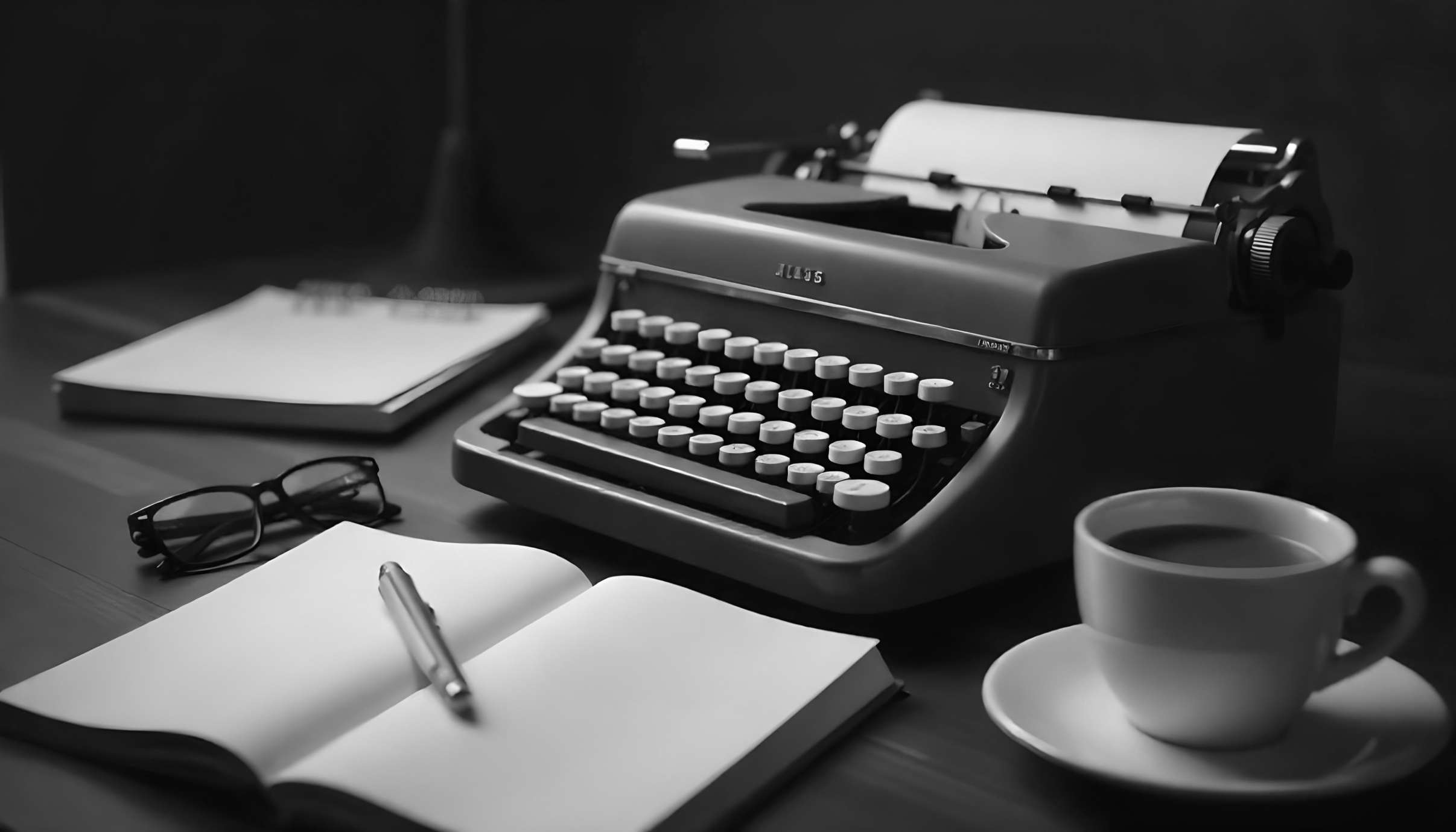 Greyscale typewriter, coffee cup and journal with pen on desk
