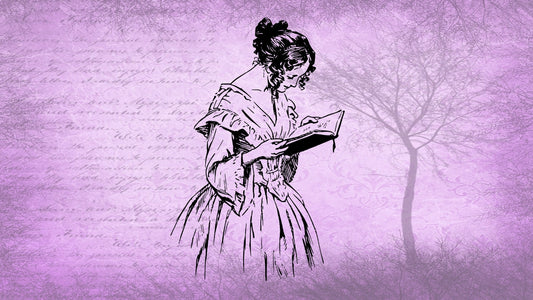 Old fashioned woman reading a book on a pink background with writing and a tree