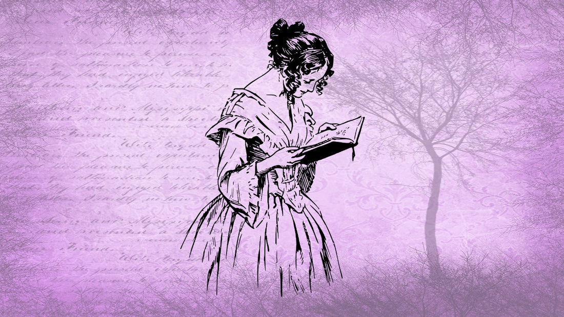 Old fashioned woman in dress reading a book on a pink background with writing and a tree