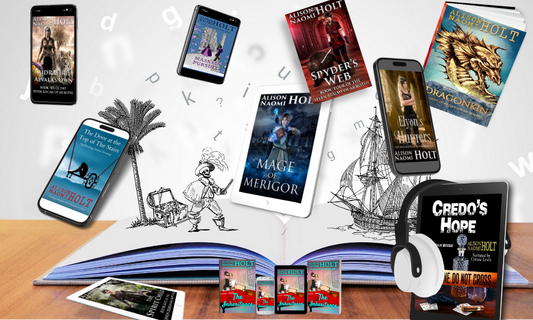 Picture of an open book with a pirate ready to fight and many covers with books written by Alison Naomi Holt floating around