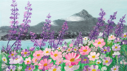 oil painting of purple and pink flowers with a mountain in the background