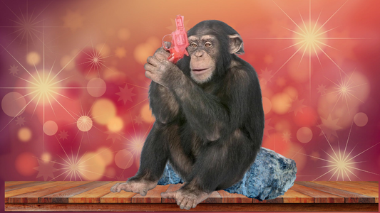 A chimpanzee holding a pistol completely wrong, humorously illustrating the firearm handling mistakes that make real police officers cringe in fiction