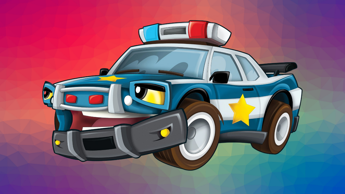 A cartoon of a broken-down police car, humorously representing the real-life equipment failures that plague officers at the worst possible moments