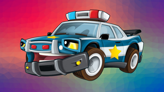 A cartoon of a broken-down police car, humorously representing the real-life equipment failures that plague officers at the worst possible moments
