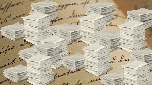 Towering reams of paper representing the mountains of evidence logs, property sheets, and reports that real detectives must complete — rarely shown in fiction