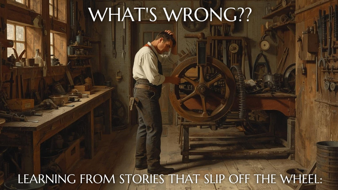 An old world workshop with a man wondering why his pulley has stopped turning and the words "What's Wrong" written on top