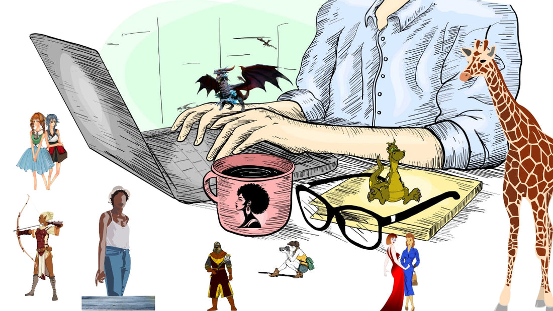 A woman sits at a computer while tiny fictional characters run across her desk, representing the life that story characters take on of their own accord