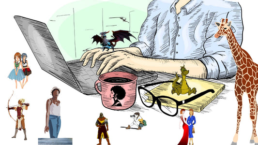 A woman sits at a computer while tiny fictional characters run across her desk, representing the life that story characters take on of their own accord