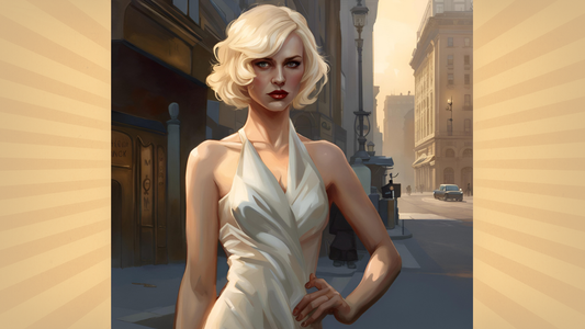 A glamorously dressed woman in heels, representing the unrealistic wardrobe fiction assigns to female detectives — impractical for real police work (145 chars) ✓