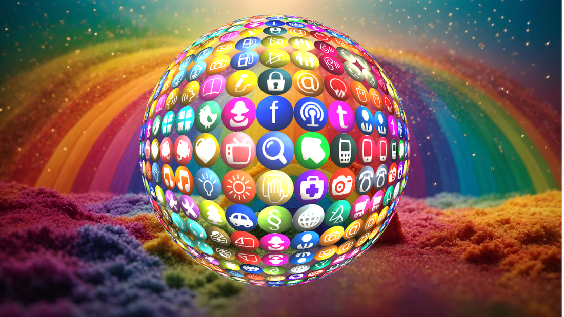 A globe covered in colorful social media icons representing the overwhelming reach and distraction of social media platforms