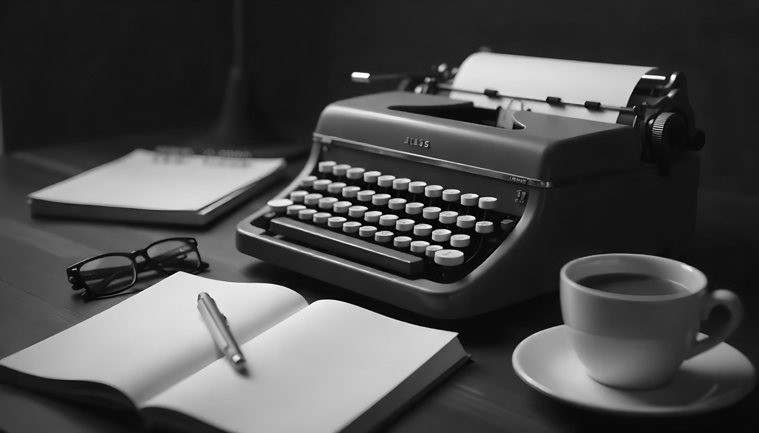 Work station with notepad, typewriter and a couple coffees