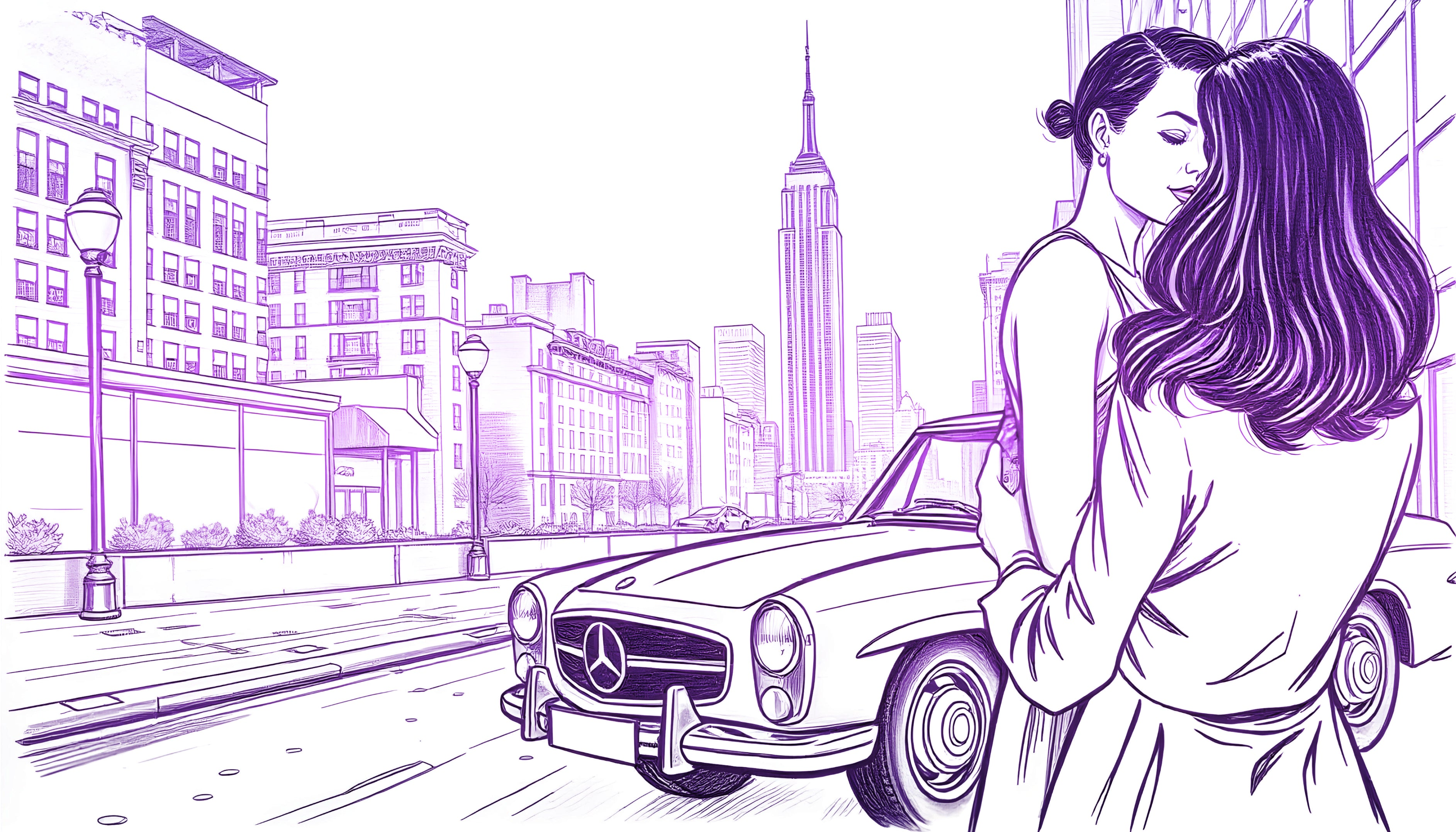 Two women in loving embrace, a vintage Mercedes behind them and in the distance the Empire State building