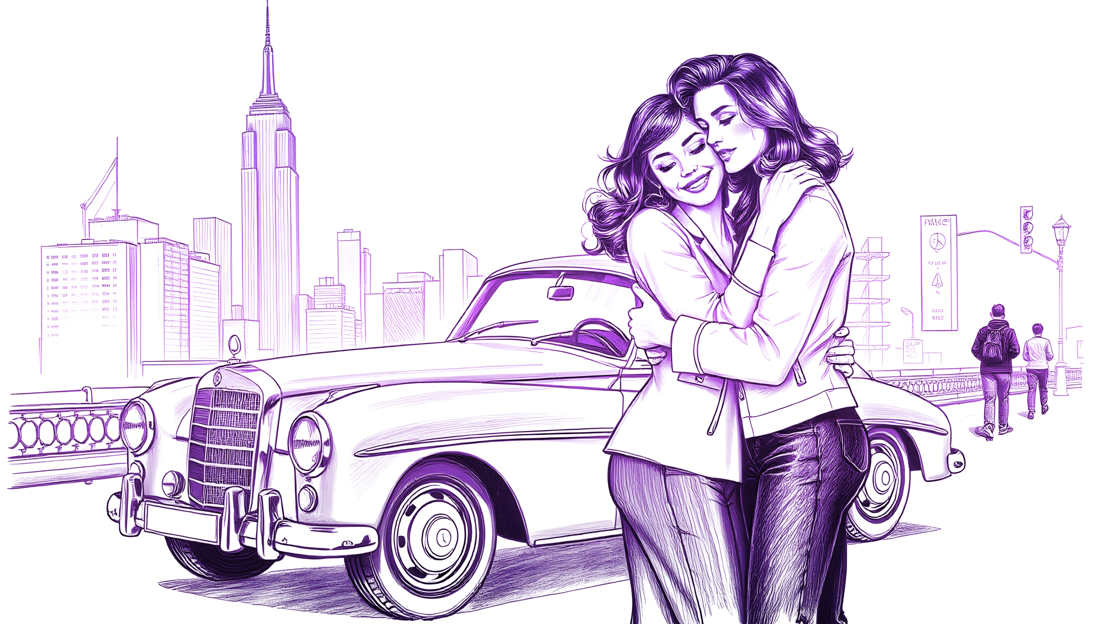 Two women in a loving embrace with a vintage car and the Empire State building behind them