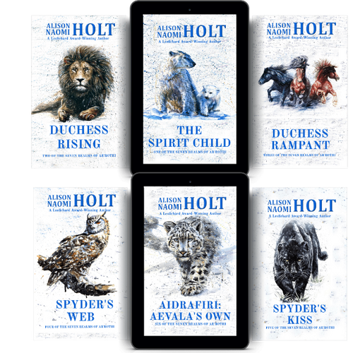 Seven Realms of Ar'rothi six-book sapphic fantasy collection by Alison Naomi Holt, strong woman Duchess Bree battles dark forces with Animal Spirit Guides