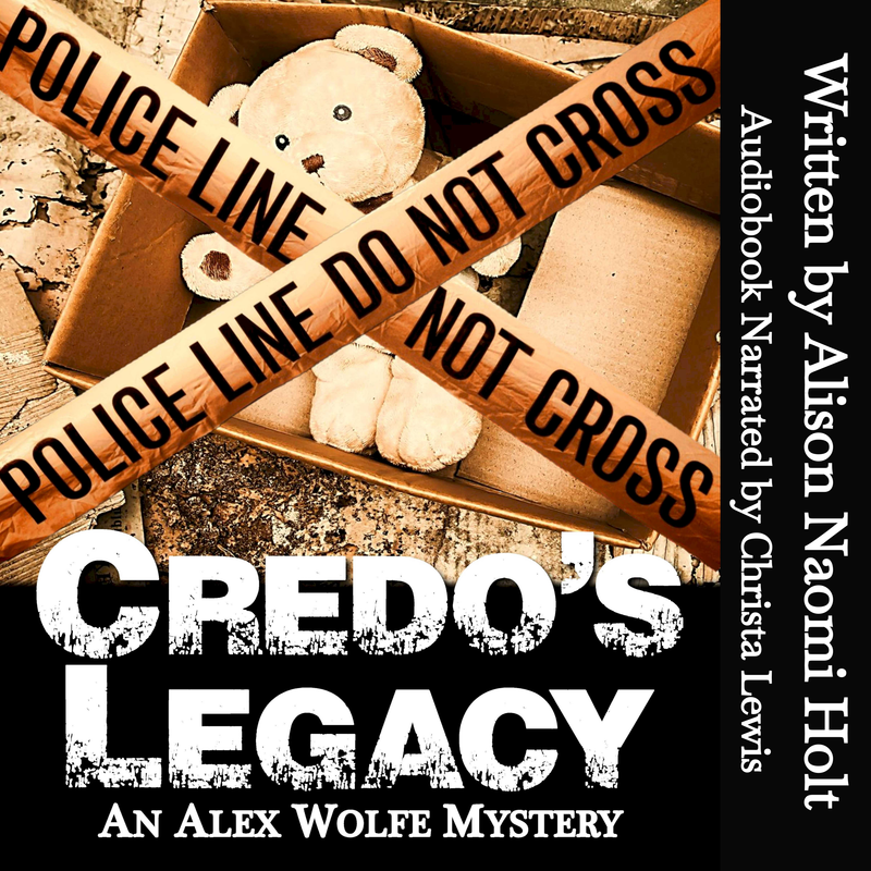 Audiobook cover of Murder mystery Credo's Legacy with police tape crossed over a box with a Teddy Bear