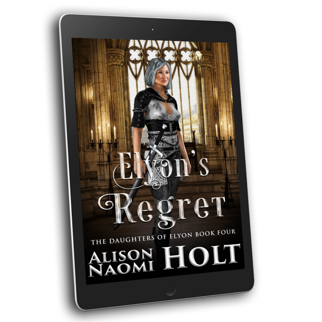 Cover of Sapphic Epic Fantasy Elyon's regret by Sapphic fiction author Alison Naomi Holt has a yellow interior cathedral with a warrior women in the foreground wearing a sword and wearing black uniform