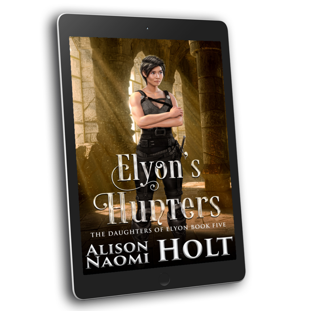 Cover of Sapphic Epic Fantasy Elyon's Hunters by Sapphic fiction author Alison Naomi Holt has a yellow interior cathedral with a warrior women in the foreground wearing a sword and wearing black uniform