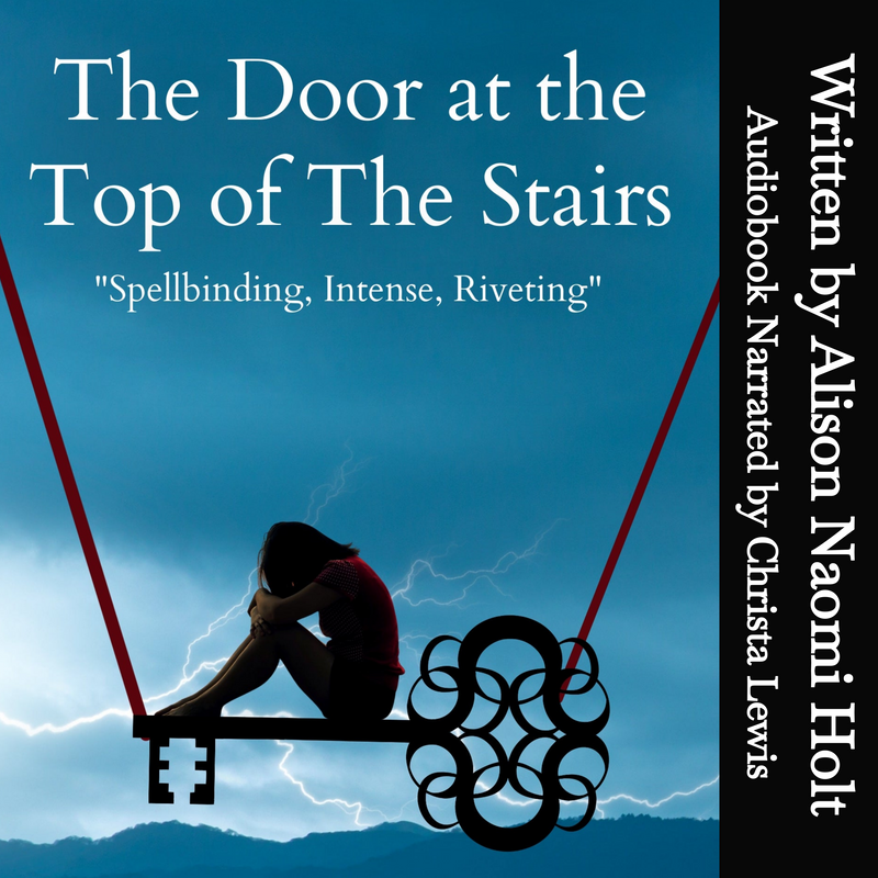 Ipad showing the Cover of the sapphic psychological suspense The Door at the Top of the Stairs by Sapphic fiction author Alison Naomi Holt showing a blue mountain background and sky with a woman sitting on a key resting her head on her drawn up knees