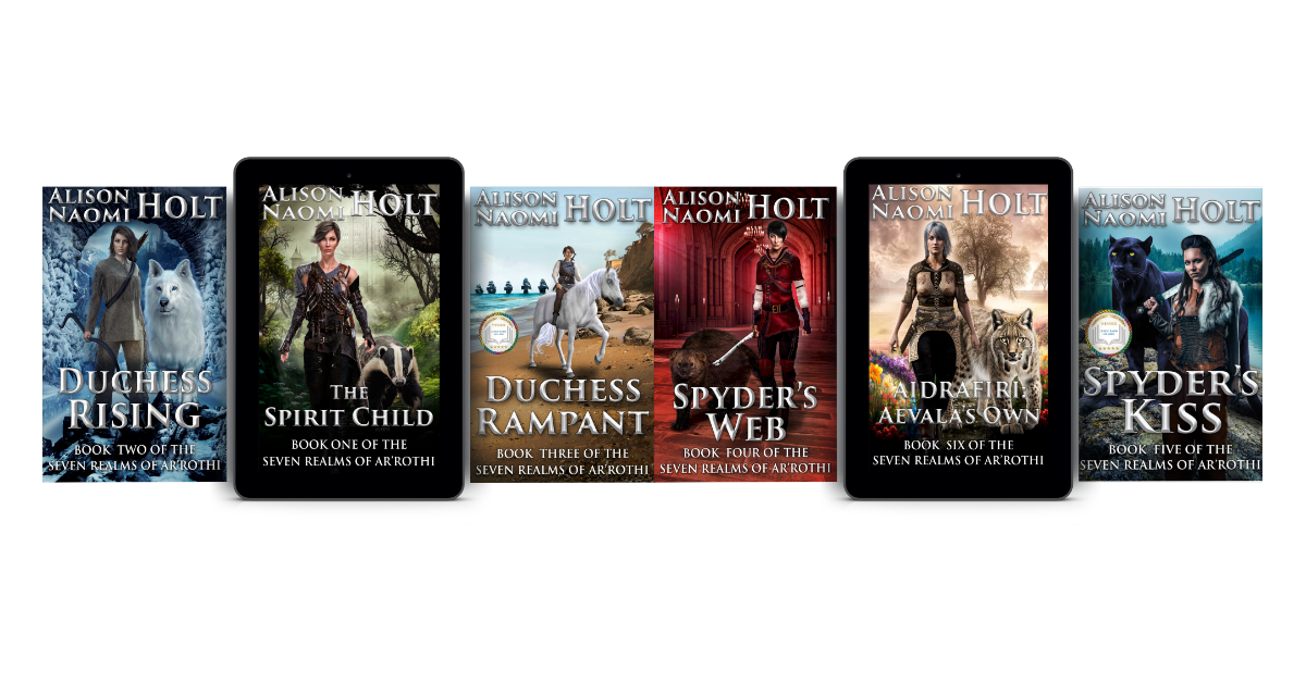 All six novels  in the Sapphic Epic Fantasy series, The Seven Realms of Arrothi, written by Sapphic fiction author Alison Naomi Holt 