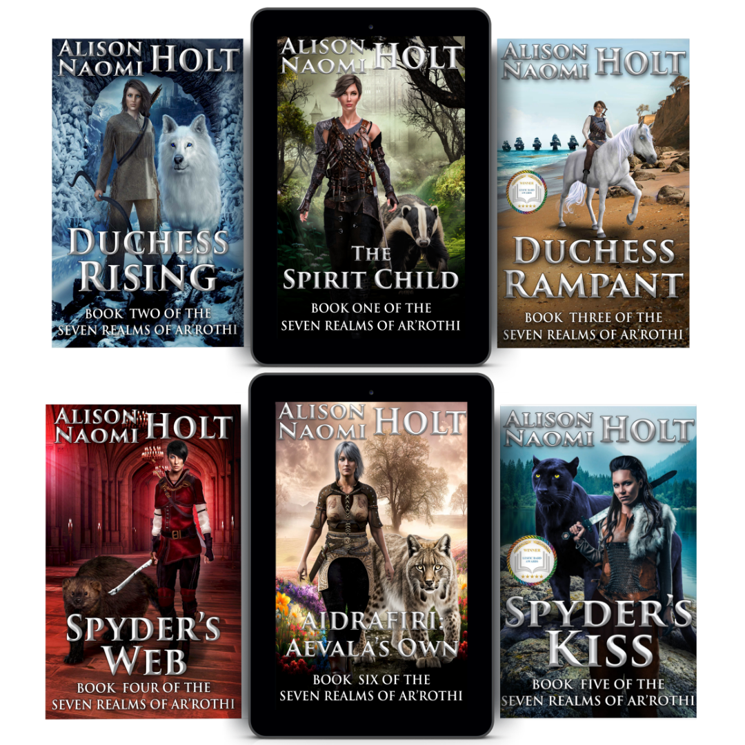 All six novels  in the Sapphic Epic Fantasy series, The Seven Realms of Arrothi, written by Sapphic fiction author Alison Naomi Holt 