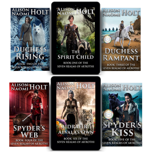 All six novels  in the Sapphic Epic Fantasy series, The Seven Realms of Arrothi, written by Sapphic fiction author Alison Naomi Holt 