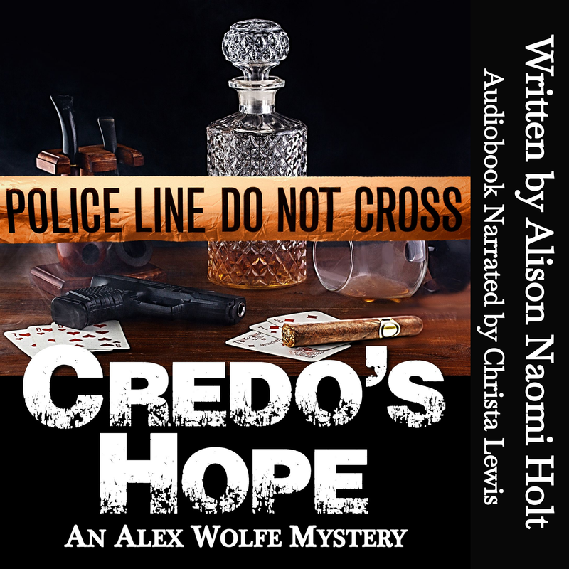 audiobook cover on an iphone with earbuds of the Alex Wolfe Mystery book Credo's Hope with a whiskey decanter n the cover and a police line Do No Cross