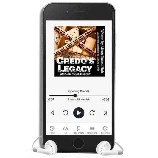 Cellphone with the audiobook cover for the Murder Mystery Credo's Legacy written by sapphic fiction author Alison Naomi holt cover has box with teddy bear and crossed police tape over it