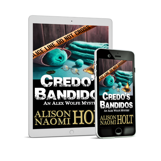 the cover of Credo's Bandidos,  a novel in the Alex Wolfe Mystery series  written by Sapphic fiction author Alison Naomi Holt featuring teal towels and yarn with a small fire starting in the table they're resting on.