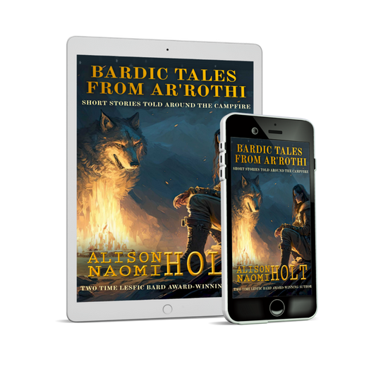 ebook ipad and iphone with giant wolfe and woman warrior sitting around a campfire in the wilderness.