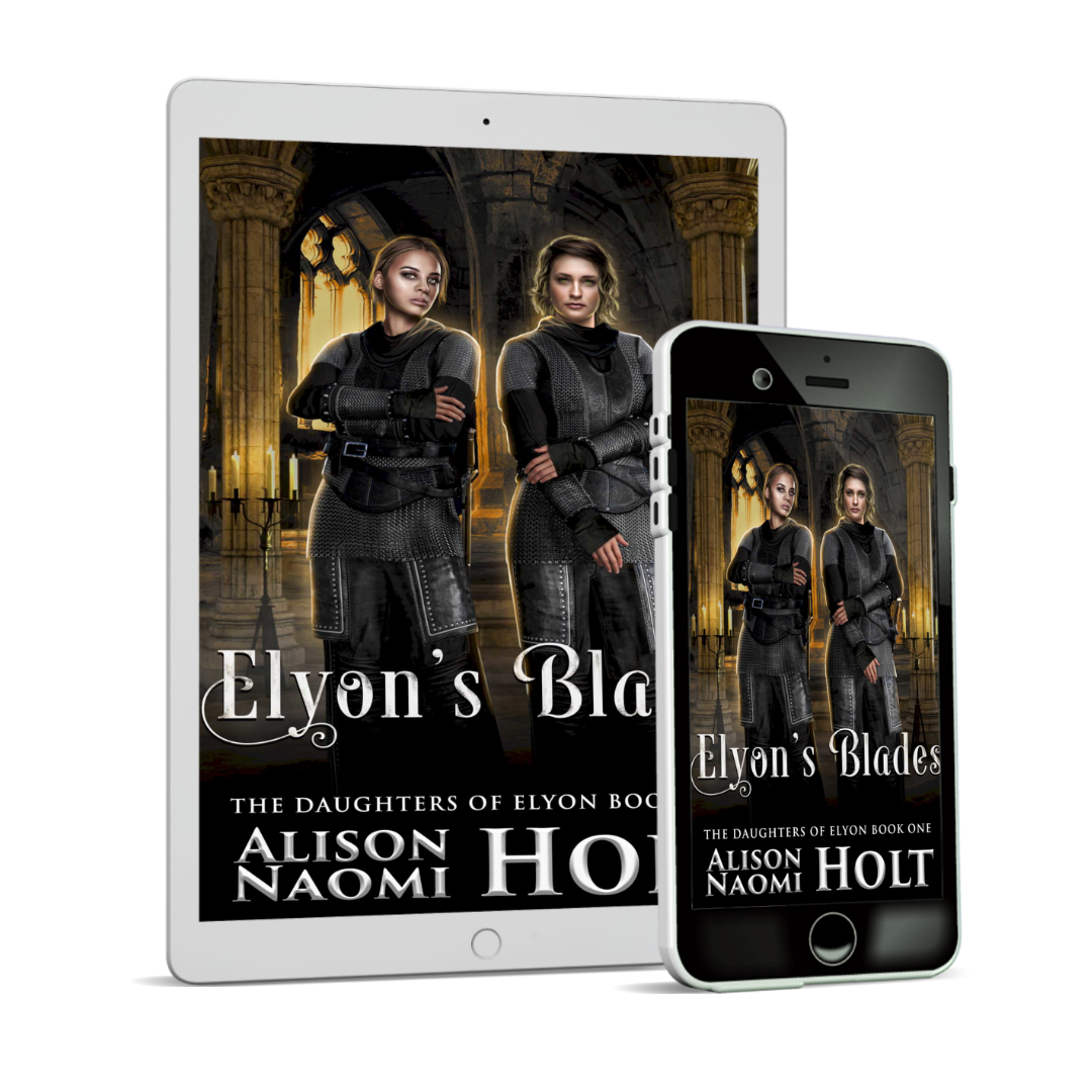 Cover of Sapphic Epic Fantasy Elyon's Blades has a yellow interior cathedral with two warrior women in the foreground wearing swords and wearing black uniforms