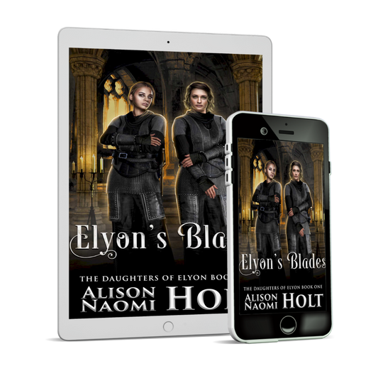 Cover of Sapphic Epic Fantasy Elyon's Blades has a yellow interior cathedral with two warrior women in the foreground wearing swords and wearing black uniforms