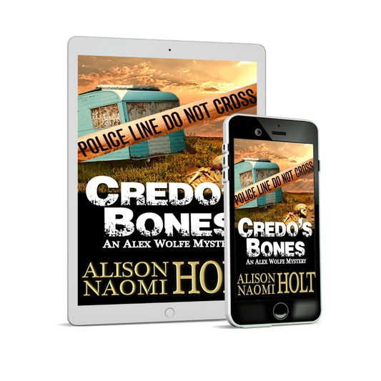 the Cover of the Murder Myster, Credo's Bones by Sapphic fiction author Alison Naomi Holt showing a camper in the desert with a yellow police line strung in front of it