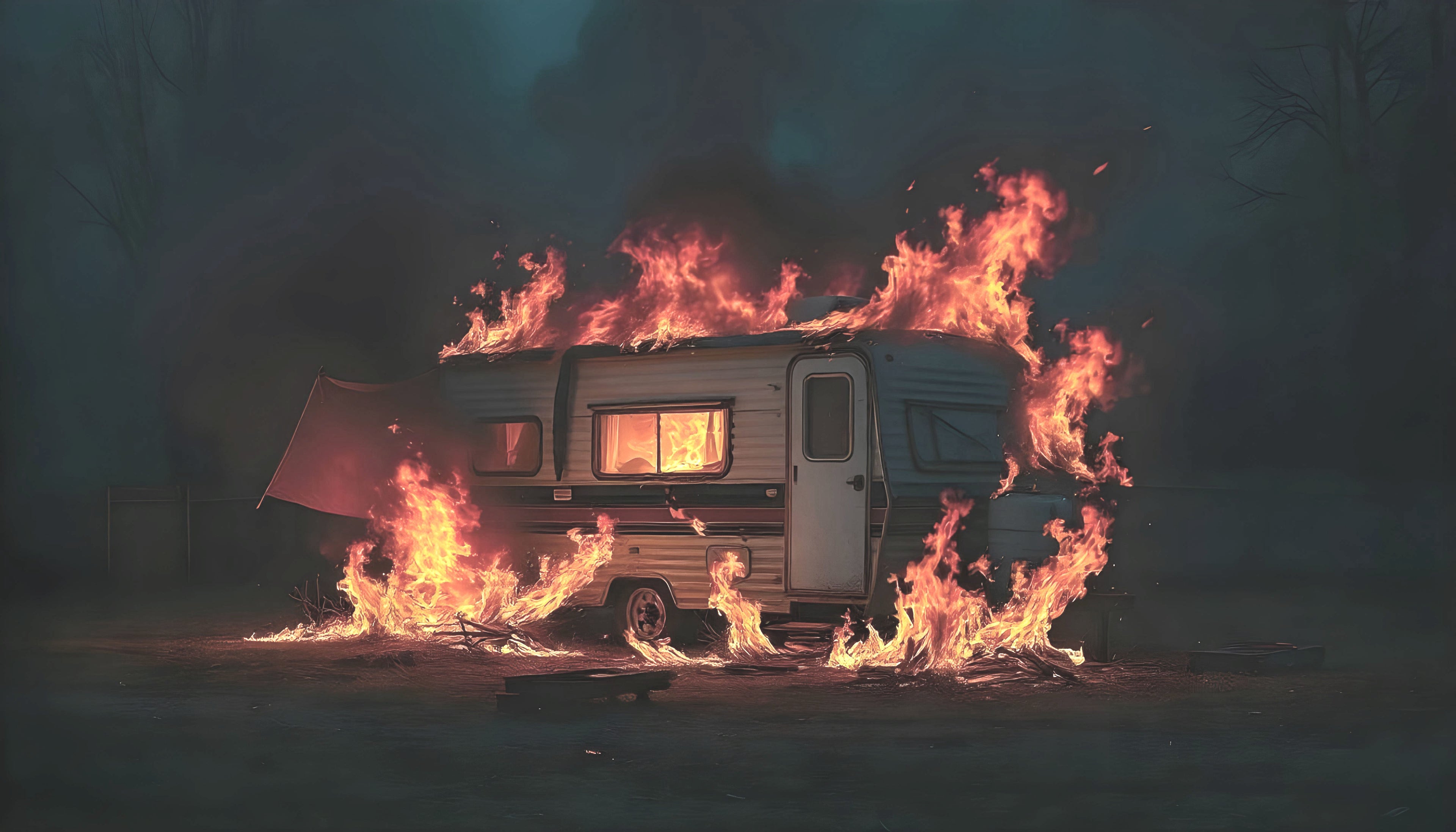 Camper on fire with police line