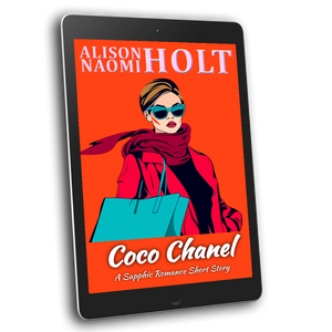 Cover of sapphic short story Coco Chanel by Sapphic author Alison Naomi Holt with a red ipad screen with elegant woman carrying a teal shopping bag