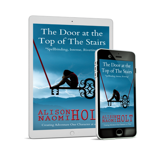 Ipad showing the Cover of the sapphic psychological suspense The Door at the Top of the Stairs by Sapphic fiction author Alison Naomi Holt showing a blue mountain background and sky with a woman sitting on a key resting her head on her drawn up knees