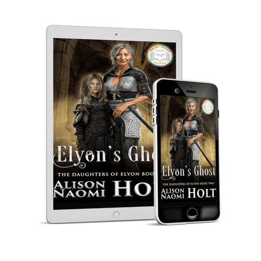 Cover for sapphic epic fantasy Elyon's Ghost yellow cathedral background with older warrior woman wearing a uniform and wearing a sword and young street urchin standing together