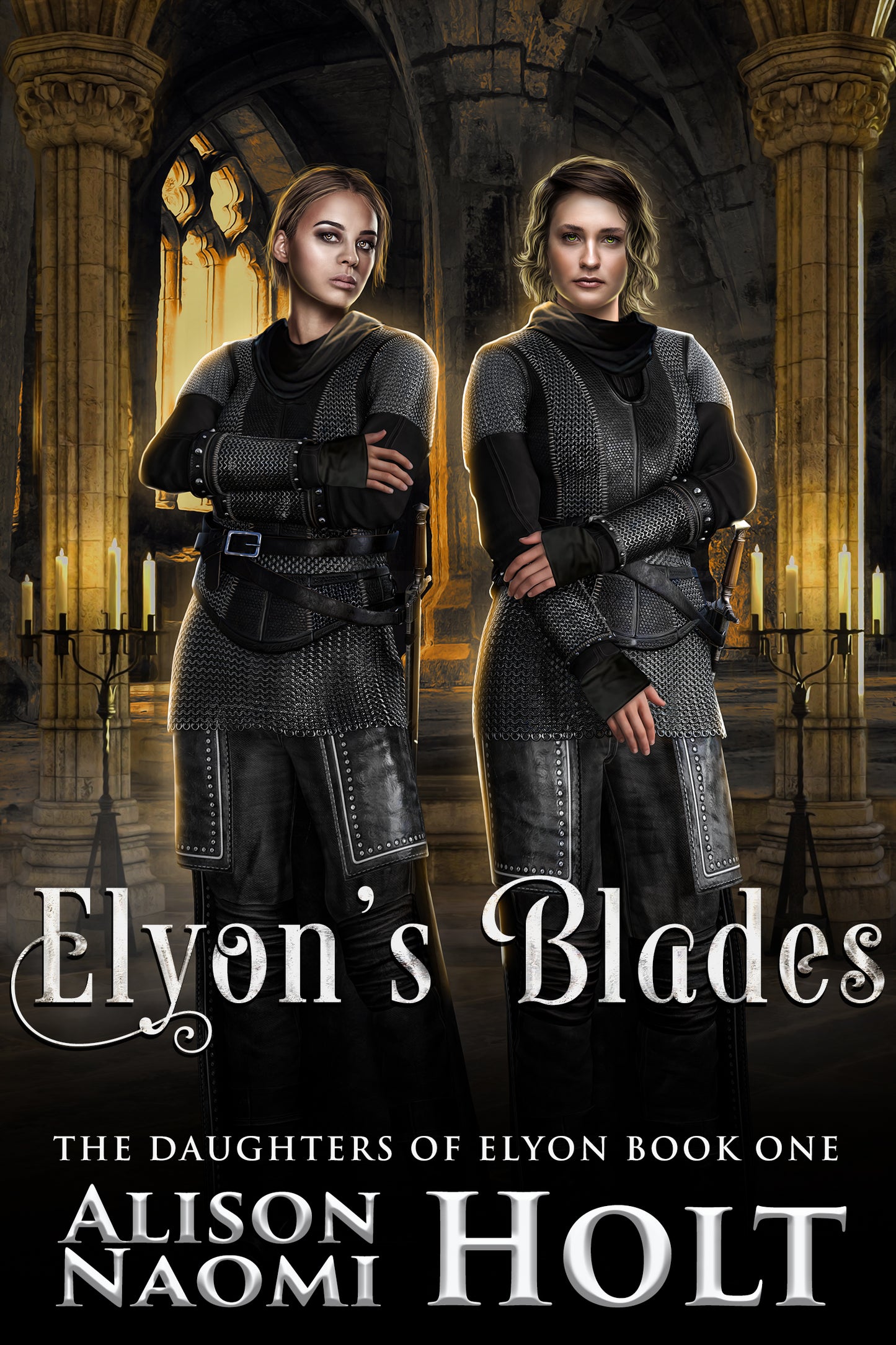 Cover of Sapphic Epic Fantasy Elyon's Blades has a yellow interior cathedral with two warrior women in the foreground wearing swords and wearing black uniforms