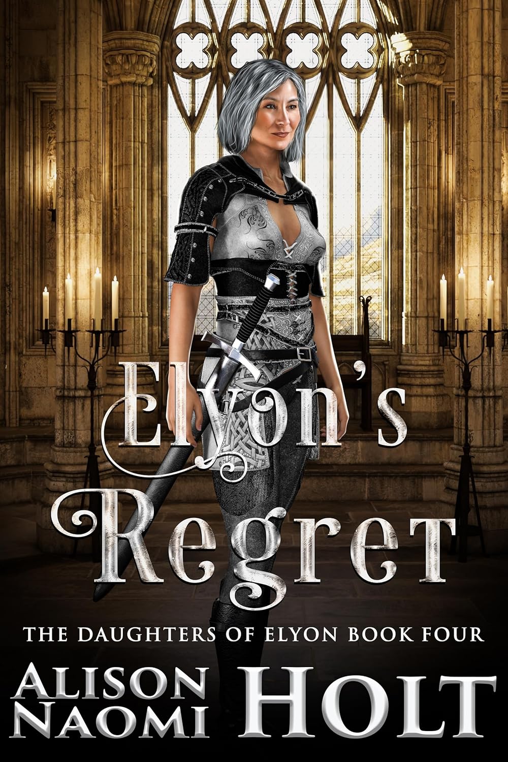 Cover of Sapphic Epic Fantasy Elyon's regret by Sapphic fiction author Alison Naomi Holt has a yellow interior cathedral with a warrior women in the foreground wearing a sword and wearing black uniform