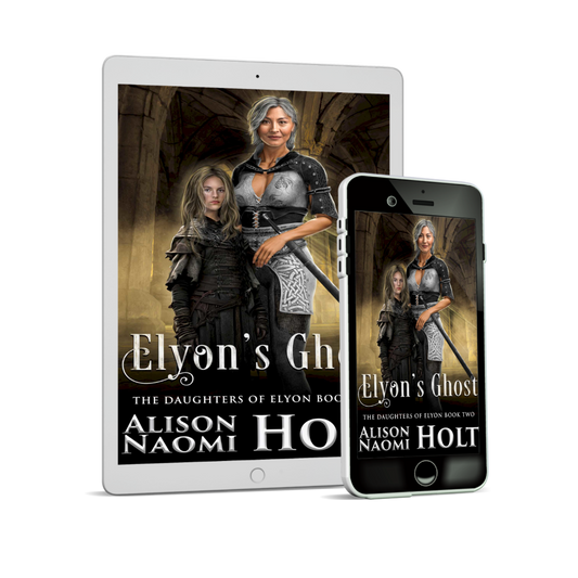 Cover for sapphic epic fantasy Elyon's Ghost yellow cathedral background with older warrior woman wearing a uniform and wearing a sword and young street urchin standing together